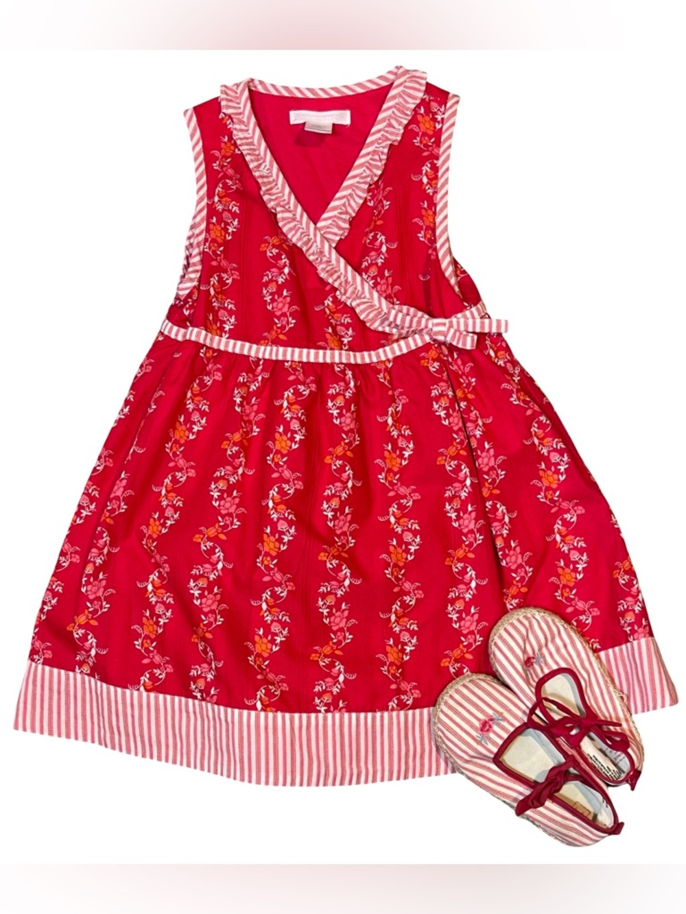 Janie and Jack French Country Red Floral Wrap-Style Dress with Striped Trim 3T